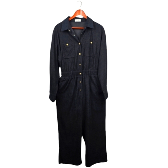 CISA Corduroy Long Sleeve Utility Jumpsuit Snap Buttons Black Womens Sz L Tomboy - Picture 1 of 15